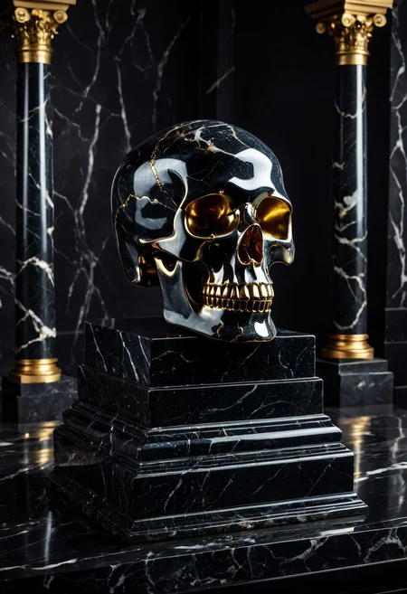 Fujifilm XT3, Sony A7 IV, (award winning photography) a (black: 0.89) marble skull made of opal (Kintsugi) set on a pedestal in temple, glistening. in the background beautiful pillars, divine (iridescent: 0.79), opalescent textures, volumetric light, ethereal, sparkling, studio photo, highly detailed, sharp focus (highest quality: 1.39) (highest coherency: 1.39) (award winning photography), highly detailed photography, (muted colors, cinematic, dim colors, soothing tones:1.2), vibrant, insanely detailed, hyperdetailed, (dark shot:1.2), (vsco:0.3), (intricate details:0.9), (hdr, hyperdetailed:1.2) (vignette), sss