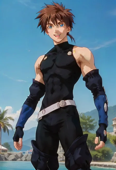 ((masterpiece)), ((best quality)), ((ultra-detailed)), ((absurdres)), score_9_up, score_8_up, score_7_up,
HD, top quality, best quality, amazing quality, High-quality illustrations, anime screencap, source_anime, best aesthetic, easynegative, ng_deepnegative_v1_75t, perfect proportions, perfect eyes, 1boy, 1male, solo boy, solo male, male focus, solo male focus, Anime, boy, male anime character, anime boy, handsome, attractive, cute, charming, sexy, hot, ((tall, tall height, tall body)), ((slim body, slender body, lean body)), Gau Ban, brown hair, blue eyes, black body suit, sleeveless, blue fingerless arm warmers, silver belt, blue leg warmers, ((smiling, happy)), ((model pose, sexy pose))