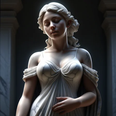1girl, solo, marble statue, dress, closed_eyes, breasts, marble_textured_skin, short_sleeves, realistic