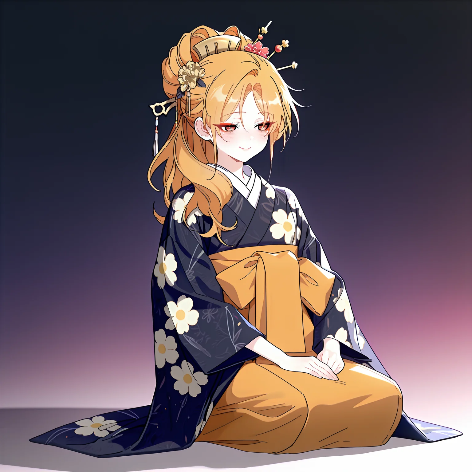 (masterpiece), (best quality), (ultra-detailed), (best illustration), (best shadow), (absurdres), (very aesthetic), 1girl, solo, <lora:Shuraina_West:1>, shushu, mahogany eyes, amber hair, long hair, <lora:oiran_illustrious_V1.0:1>, oiran, hair ornament, japanese clothes, kimono, floral print, kanzashi, makeup, full body, sitting, shy smile, gradient korean background