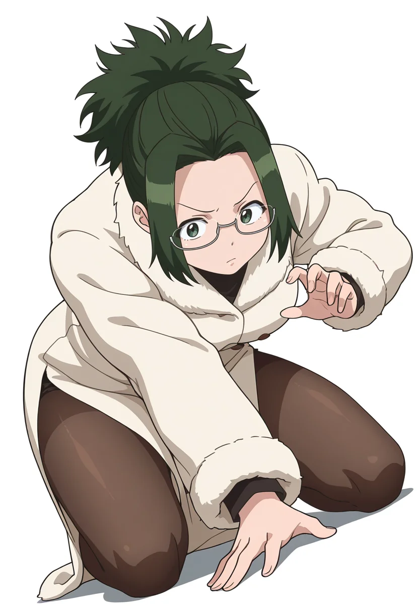 Smooth Quality,masterpiece,very intricate, high quality details, ultra realistic, high detailed skin,
simple background, white background, disappointed,
dynamic angle,kneeling pose, one hand on the ground, other hand reaching forward, focused gaze, tense muscles, ,
solo,
<lora:Agari_Himiko_cnn:0.8> agarihimikocnn,1girl,green eyes, short hair,glasses, ponytail,green hair,
fur coat, ,long coat, ,side slit pantyhose,,