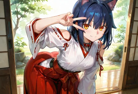 score_8, score_8_up, score_9, femboy, ((Amber Eyes)), very small breasts, dark blue hair, huge butt, huge thighs,((medium hair)), BRAEK ((very much long sidelocks)), hair intakes, fair skin, very short stature, curvy, small build, lower eyelashes, Masterpiece, top quality, ((high resolution)), very detailed eyes, very aesthetic, very detailed hair, animal collar, hakama long skirt, nontraditional miko, Shoulder cutout, ((FGO)), anime style, solo, cat ears, white tuft, standing, v over eye, leaning forward, arched back, upturned eyes, smile, <lora:ciel_ill_10:0.8> <lora:EL3GY-V13:0.9>,