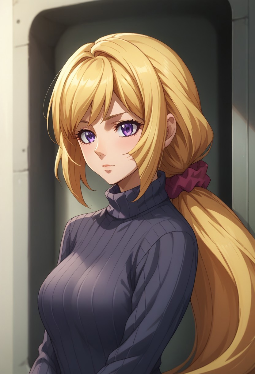 score_9, score_8_up, score_7_up, source_anime, highly detailed, 
kudelia, 1girl, solo, long hair, blonde hair, ponytail, purple eyes, sweater, turtleneck, ribbed sweater, scrunchie, upper body,
indoor, hangar,
