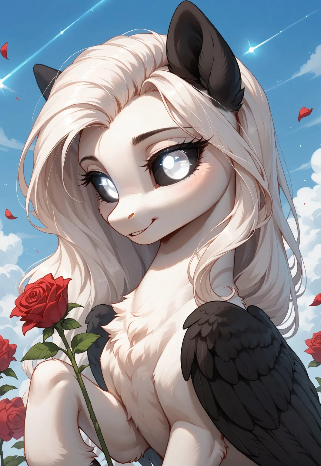 score_9, score_8_up, score_7_up, score_pony,
BREAK
Albina, 1girl, feral pony, pony, white fur, (white long hair:1.2), black sclera, white eye, (glowing white eyes:1.4), (black wings:1.1), (black ears:1.1), cute, flowers roses