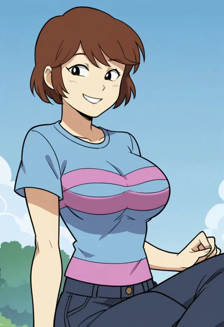 score_9, score_8_up, score_7_up, source_anime, anime screencap,  frisk (dezz), brown hair, short hair, black eyes, large breasts, 1girl, solo, striped, shirt, smile,