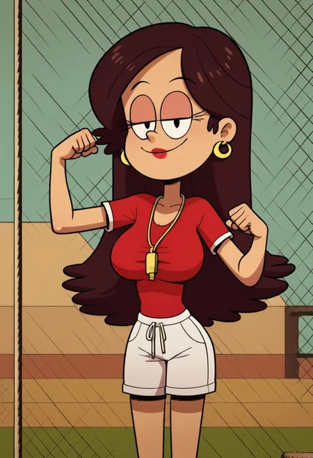 ((gym background)),score_9, score_8_up, score_7_up,score_6_up,
1girl, solo, MsDiMartino_TLH, light brown skin, brown hair, long hair, black eyes, gold earrings, red lipstick, red sports shirt, white sports shorts, hanging whistle, smile, perfect smile, tall, perfect eyes, looking at viewer, big breasts, standing, (bust shot) five fingers, perfect hands, flexing arms, half closed eyes