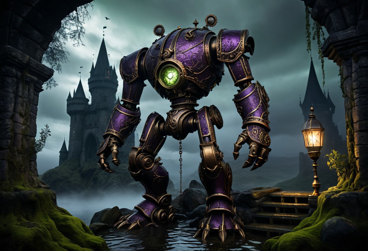 giant bipedal robot dirty dark purple and dark green, bronze paisley robot. lacy robot metal banded head. outside of a steampunk keep. large detailed torso. dark image. one forty foot tall ancient robot with great arms and two heavy spring legs. dark foggy night background. $dark foggy night image only. dark photo realistic image. steampunk details. cogs, chains and pipes incorporated in the fantasy buildings. magic wizards tower in background. Dark swamp, moss, castle ruins, wizards tower. stormy dark night.  stormy sky.