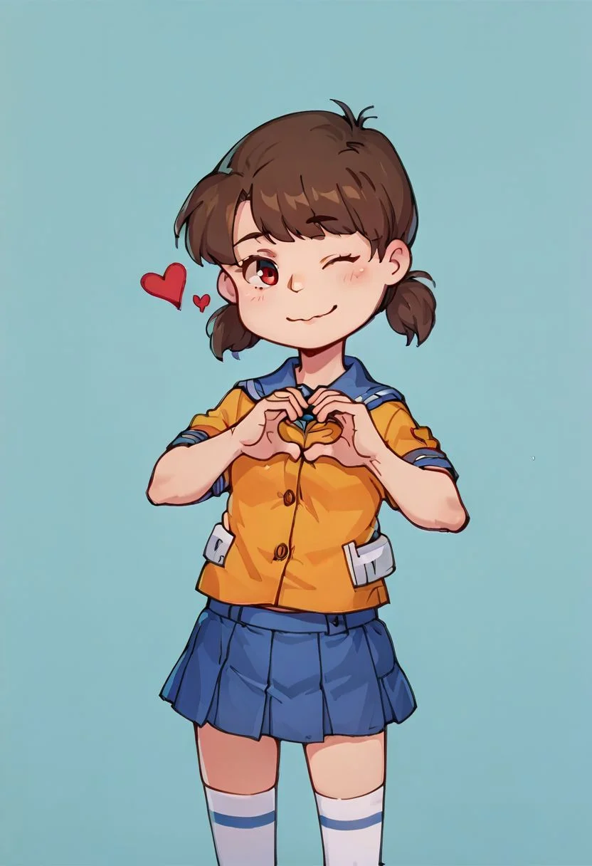 score_9, score_8_up, score_7_up, score_6_up, score_5_up,source_anime,
canberra,brown hair,low twintails,red eyes,
1girl,serafuku,thighhighs,pleated skirt,
,cowboy shot,heart hands,one eye closed, front camera,colorful simple background,PeanutsStyle, traditional media, retro artstyle, 2D, round heads