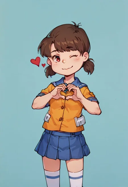 score_9, score_8_up, score_7_up, score_6_up, score_5_up,source_anime,
canberra,brown hair,low twintails,red eyes,
1girl,serafuku,thighhighs,pleated skirt,
,cowboy shot,heart hands,one eye closed, front camera,colorful simple background,PeanutsStyle, traditional media, retro artstyle, 2D, round heads
