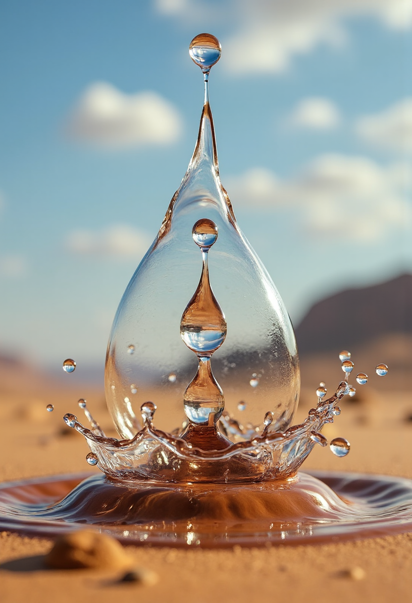 In the shape and style of a yfg-dr0p water drop splash photo of a , Outdoors, sky, no humans, scenery, science fiction, rock, sand, planet, spacecraft, desert