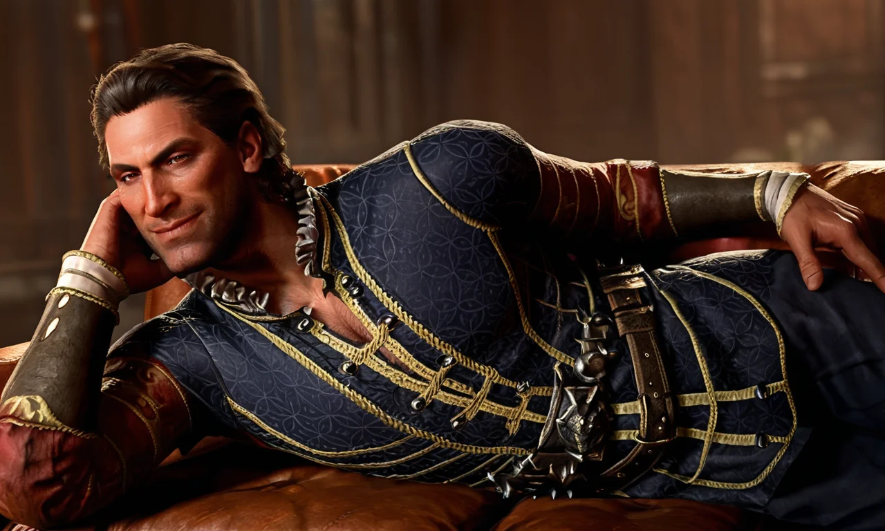 score_9, score_8_up, score_7_up, BREAK 1boy, solo, photorealistic, realistic, photo, film grain, male focus, short hair, black hair, brown eyes, mature male, v-neck, chest hair, frills, belt, formal, BREAK lying, from side, fantasy, sofa, smirk, raphael \(bg3\), <lora:bg3_raphael-000009:0.9>
