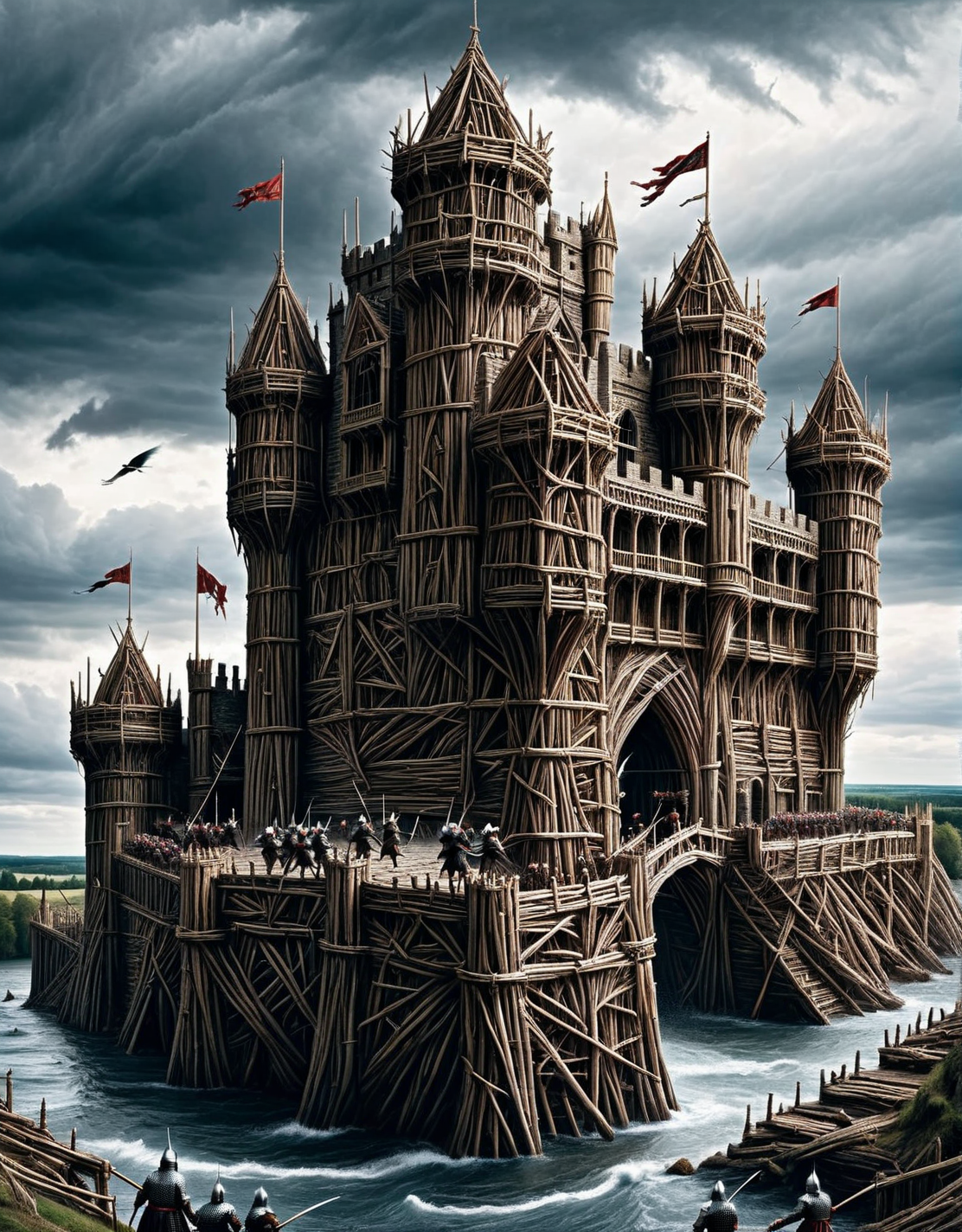 An ais-stcks medieval castle under siege, with archers on the battlements, a drawbridge being lowered, and knights charging forward, set against the backdrop of a dramatic, stormy sky <lora:ais-stcks-sdxl:1>
