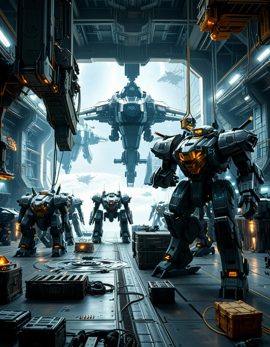 A massive, futuristic spaceship hangar filled with towering battle mechs undergoing maintenance. The hangar is dimly lit, with industrial lighting casting a cold, bluish glow over the metallic surfaces. The high ceiling is lined with steel support beams, catwalks, and suspended cranes used for repairing the massive war machines. The walls are adorned with warning signs, control panels, and illuminated holographic displays providing diagnostic data on the mechs. In the foreground, a colossal mech stands on a heavy-duty platform, its armored plating showing signs of battle damage, with exposed mechanical parts being worked on by robotic arms. The ground is marked with yellow hazard lines and scattered with tools, power cables, and spare parts. Steam rises from various vents, adding to the gritty, industrial feel. In the background, more mechs are stationed in docking bays, with their weapons and mechanical limbs being adjusted by automated repair systems. A large open bay door at the far end reveals the vastness of space, with distant stars and a massive planet visible beyond the hangar. The scene is detailed, immersive, and full of high-tech military sci-fi energy.
<lora:SDXLFaeTastic2400:0.4> <lora:extremely_detailed:0.4> extremely detailed,<lora:mechwarriors_spaceship_h4ng4r:1>,mechwarriors spaceship h4ng4r, Masterpiece,best quality,hi res,8k,hi res,8k,award winning,(sharp focus, intricate, highly detailed),