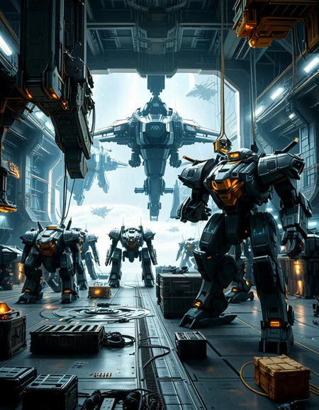 A massive, futuristic spaceship hangar filled with towering battle mechs undergoing maintenance. The hangar is dimly lit, with industrial lighting casting a cold, bluish glow over the metallic surfaces. The high ceiling is lined with steel support beams, catwalks, and suspended cranes used for repairing the massive war machines. The walls are adorned with warning signs, control panels, and illuminated holographic displays providing diagnostic data on the mechs. In the foreground, a colossal mech stands on a heavy-duty platform, its armored plating showing signs of battle damage, with exposed mechanical parts being worked on by robotic arms. The ground is marked with yellow hazard lines and scattered with tools, power cables, and spare parts. Steam rises from various vents, adding to the gritty, industrial feel. In the background, more mechs are stationed in docking bays, with their weapons and mechanical limbs being adjusted by automated repair systems. A large open bay door at the far end reveals the vastness of space, with distant stars and a massive planet visible beyond the hangar. The scene is detailed, immersive, and full of high-tech military sci-fi energy.
<lora:SDXLFaeTastic2400:0.4> <lora:extremely_detailed:0.4> extremely detailed,<lora:mechwarriors_spaceship_h4ng4r:1>,mechwarriors spaceship h4ng4r, Masterpiece,best quality,hi res,8k,hi res,8k,award winning,(sharp focus, intricate, highly detailed),