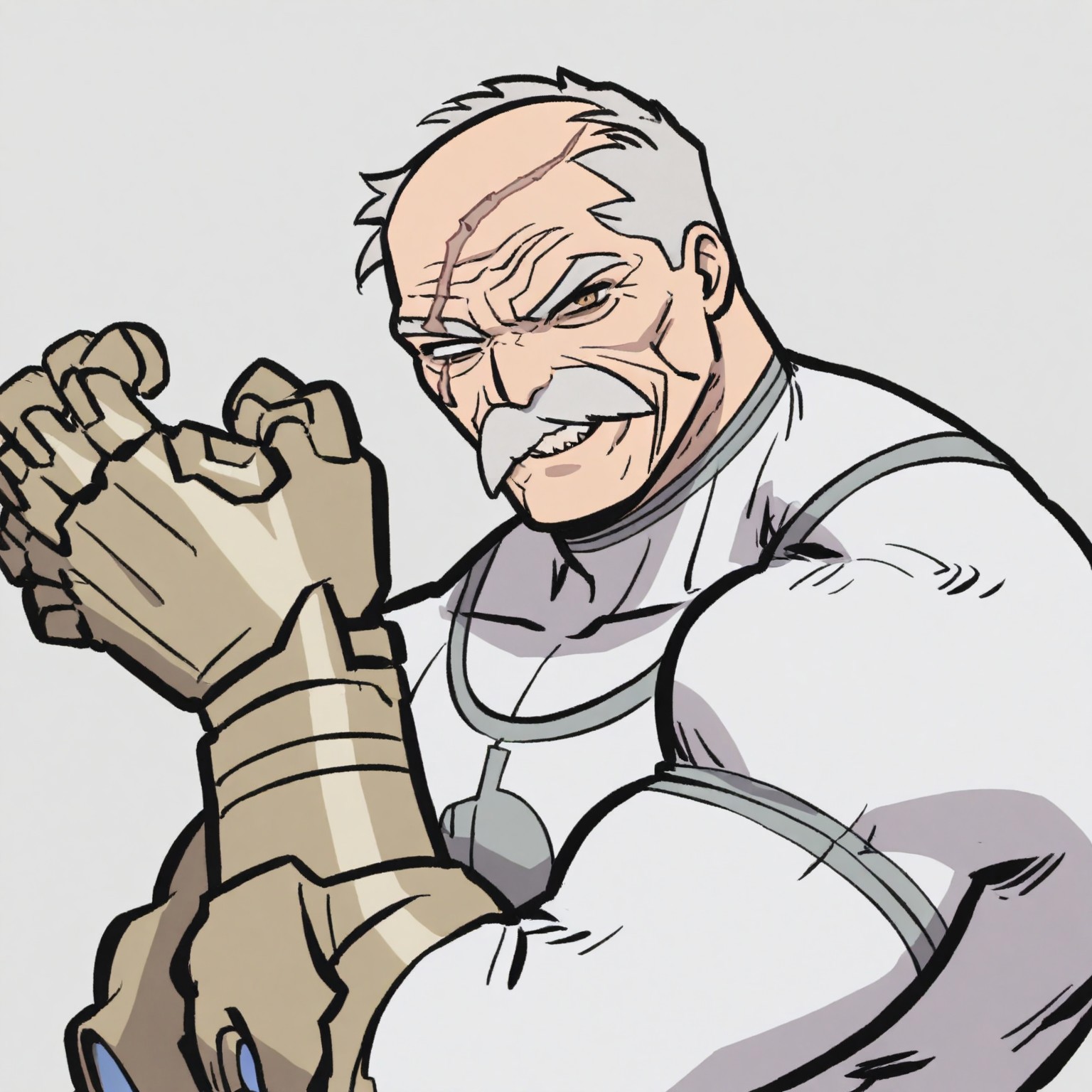 (masterpiece, high quality, best quality, very aesthetic, newest),highly detailed, Conquest-ISV-V1.0 old man, white hair, mustache, facial hair, scar, blind eye, single mechanical arm, evil smile, crosseyed,