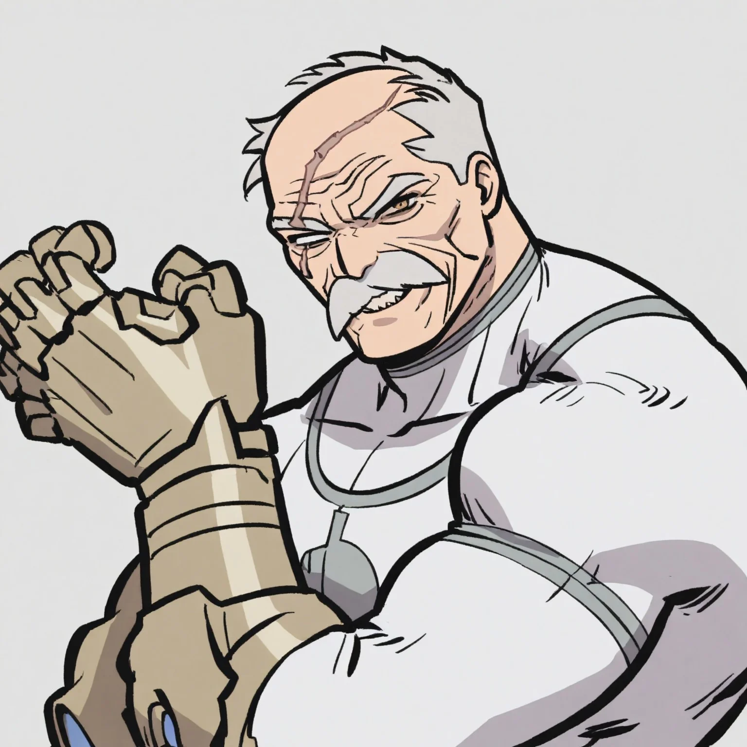 (masterpiece, high quality, best quality, very aesthetic, newest),highly detailed, Conquest-ISV-V1.0 old man, white hair, mustache, facial hair, scar, blind eye, single mechanical arm, evil smile, crosseyed,