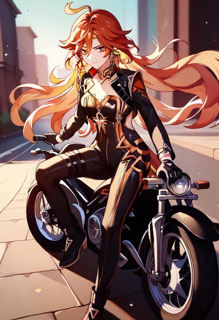 score_9_up, score_8_up, score_7_up, extreamly detailed, beautiful detailed face, complex detailed background, 1girl, BREAK,  MAVUIKA (GENSHIN IMPACT), Motorcycle suit, Motorcycle