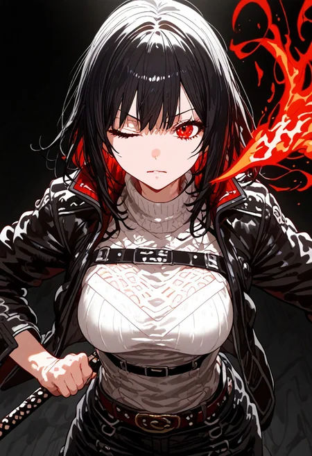 <lora:GEN 0.1v:0.8>,<lora:Expressive_H-000001>,<lora:modern_anime_screencap_v1_0:0.8>,source_anime,score_9,score_8_up,score_7_up,score_6_up,dark background,low light,
1girl,solo,<lora:age_slider_v4:1.2>,adult,tall female,black hair,medium hair,bangs,full bangs,straight hair,red eyes,pale skin,skindentation,petite,toned,(thick thighs:0.6),medium breasts,(angry:0.6),(half-closed eyes:0.8),fighting stance,holding katana,stance,black baggy pants,white top,high collar,one eye closed,crouch,glowing eyes,belt,harness,looking at viewer,flaming eye,black background,