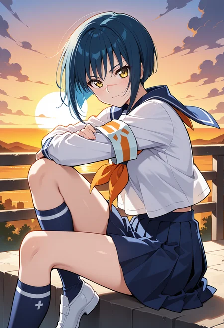 masterpiece, best quality, high quality, anime, solo, <lora:AETOKIKOILLX:0.9>
AETokikoDef, yellow eyes, blue hair, bobcut, short hair, scar on nose,
School uniform, serafuku, orange neckerchief, armband, long sleeves, blue skirt, pleated skirt, blue socks, kneehighs, White footwear,
portrait, light smile, from side, facing viewer, sunset, serious,