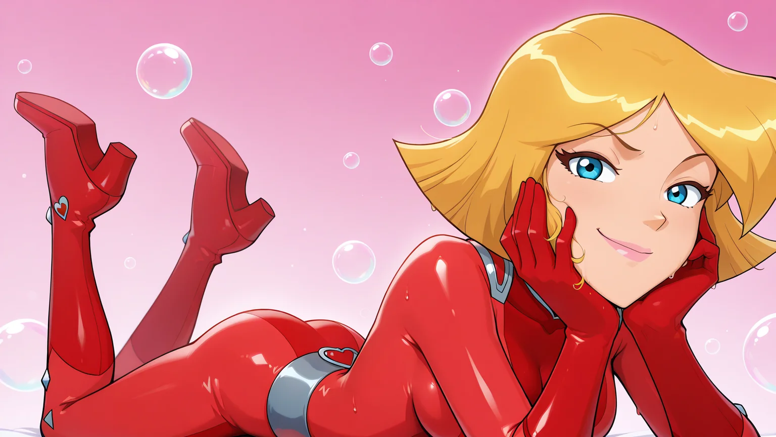masterpiece, best quality, best aesthetic, 1girl, detailed background, cinematic lighting, low angle, source_anime, official style, bubbles in the background, pink background, tiny spotlights, glitters, (black outline:0.8),
1girl, adult woman, clover_totally_spies, red bodysuit, breasts together, confident, naughty, blonde, skinny, medium breasts, breasts between arms, pink lips, looking at viewer, on stomach, feet up, holding face, sweating, smirk,
<lora:Hand v2:1>, <lora:feet_anime_pony_v2:1>, <lora:Clover_TotallySpies:1.2>
