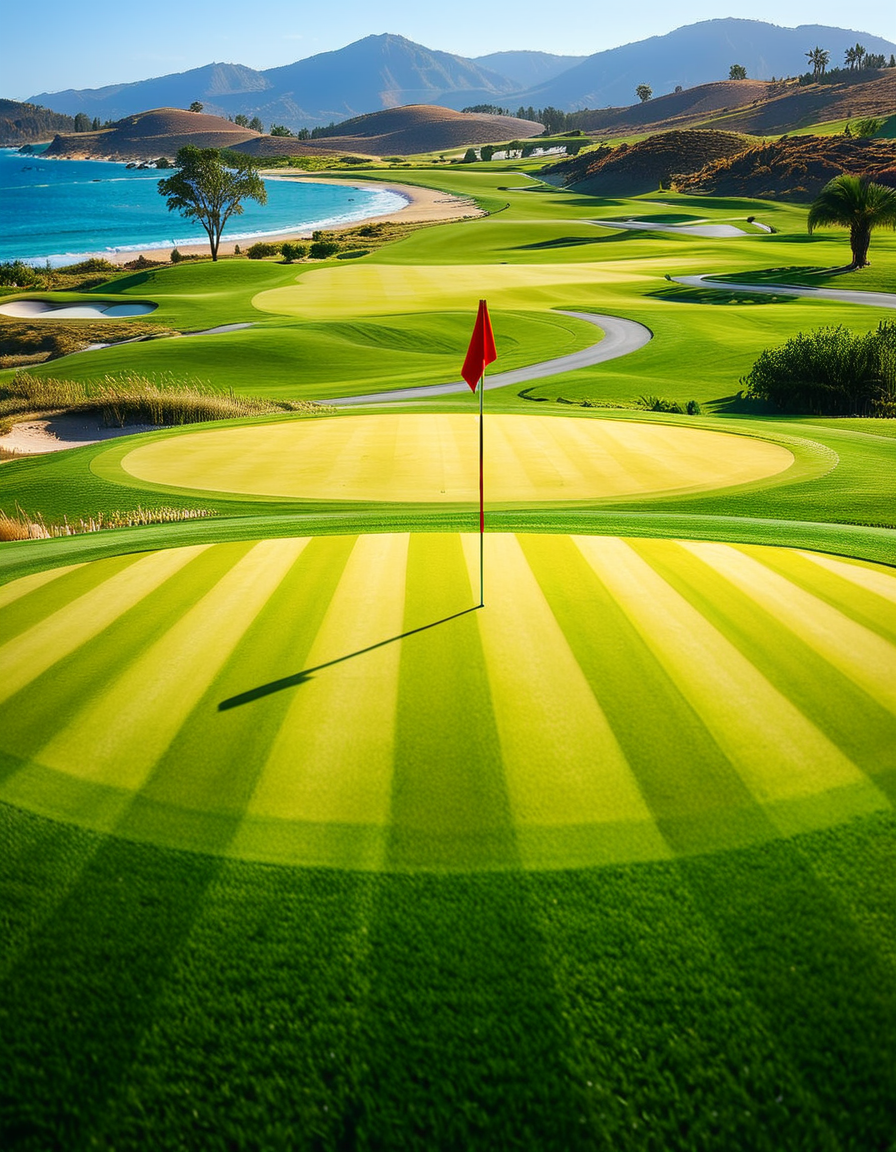 A stunning golf course captured in a high-resolution photograph, bathed in warm sunlight during the golden hour. The vast landscape features lush, perfectly manicured green fairways stretching into the distance, surrounded by rolling hills and scattered sand bunkers with smooth, raked surfaces. A crystal-clear water hazard reflects the sky, adding depth to the scenery. In the foreground, a pristine white golf ball rests on the neatly trimmed grass near a wooden tee marker. A red flag flutters gently atop a flagstick, marking the hole on the undulating green. Tall palm trees or majestic pines line the course, casting long shadows. The background showcases a breathtaking view of distant mountains or a serene blue ocean, enhancing the sense of tranquility and luxury. The sky is a brilliant shade of blue with soft, wispy clouds. The overall composition exudes elegance, precision, and the beauty of nature, capturing the essence of a world-class golf course.
<lora:SDXLFaeTastic2400:0.4> <lora:extremely_detailed:0.4> extremely detailed,<lora:golf_course:1>,golf c0urs3, Masterpiece,best quality,hi res,8k,hi res,8k,award winning,(sharp focus, intricate, highly detailed),