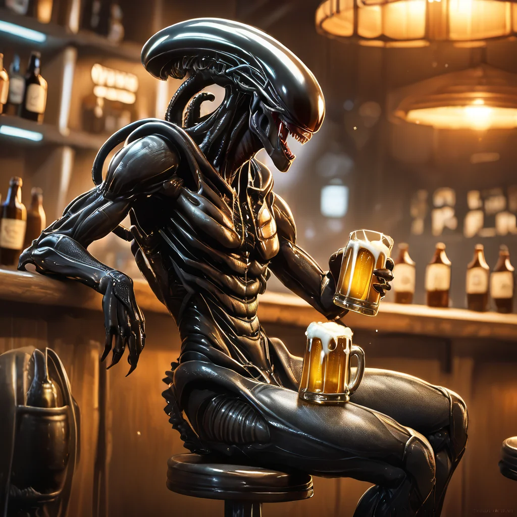 score_9, score_8_up, score_7_up, score_6_up, score_5_up, score_4_up, source_anime, Xenomorph, alien, sitting, bar, beer