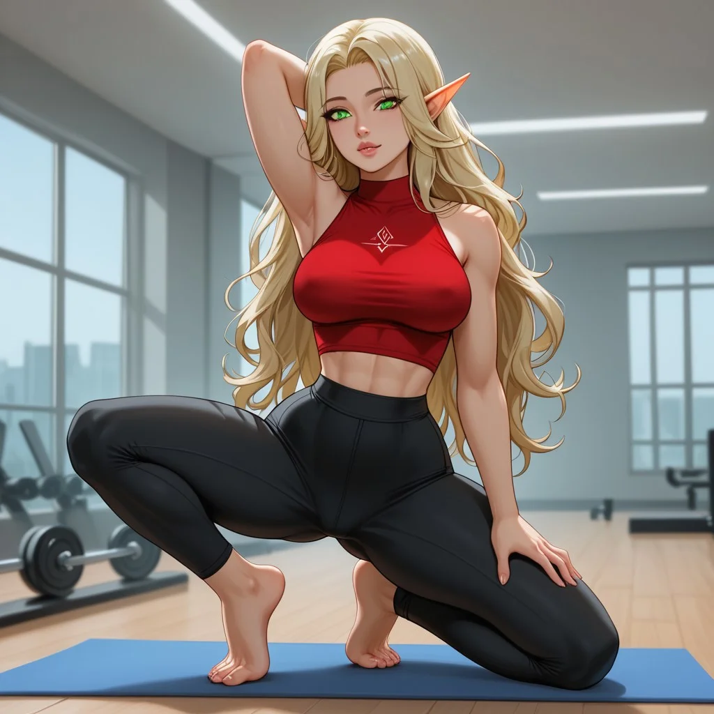 Expressiveh, sexy swedish woman, petite body, skinny waist, skinny, thin waist, 30year old woman, 1girl, highy detailed, detailed skin pours, pale blonde hair, big breasts, make up, styled curled hair, very long hair, elven ears, pale green eyes, clothes on, sexy face, tanned skin, wearing a red top braless, in a gym, sexy face, long elven ears, feminine hips, toned feminine stomach, puffy lips, ((mediuim breasts:1.5)), body focus, hourgass curve, petite, ((small waist:1.5)), veiwed from the side, femine athletic woman, yoga pose, flexible, leaning back, d4nc3r, standing on one leg, stretching, plantar flexion, flexible, braless, yoga leggings,
