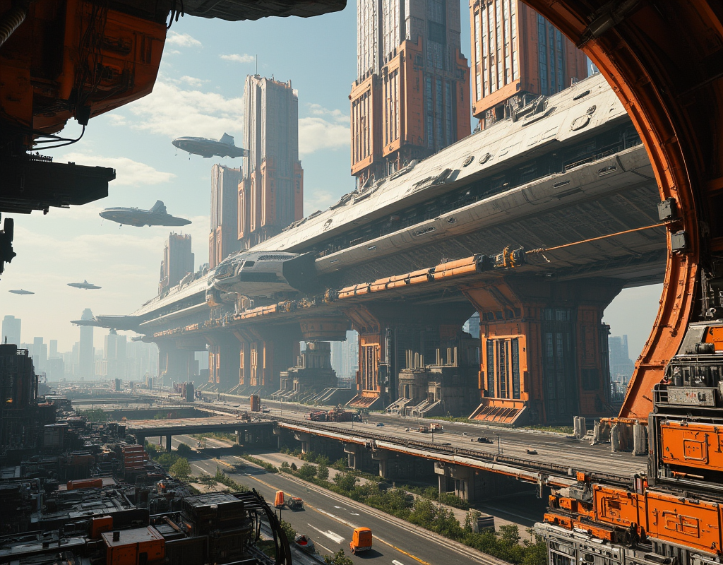 <lora:Space_Worlds_01__Poetic_fluxbeta4:1> sw01p_flux. photo. inside view of a huge mothership. in the mothership there is a cyberpunk city with high orange buildings. On the side of the mothership, some airships fly and are about to enter the city in the mothership. In the cyberpunk city in the huge mothership, there is also a highway and some roads with very tiny traffic.