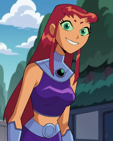 score_9, score_8_up, score_7_up, 1girl, solo, starfire, tan skin, parody, exposed midriff, looking at viewer, smile, dynamic view, dynamic angle, outdoors, <lora:Starfire_PonyXL:1>
