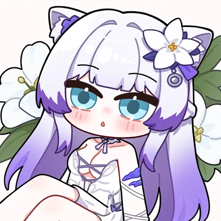 chibi, snowbreakmeme, snowbreak_chibi,1girl, long hair, solo, bangs, virtual youtuber, blunt bangs, flower, purple hair, looking at viewer, very long hair, multicolored hair, breasts, mole, blush, blue eyes, sidelocks, dress, sitting, white dress, bare shoulders, animal ears, collarbone, parted lips , \n<lora:snowbreakmeme_noobai_v1.0-000030:1>,