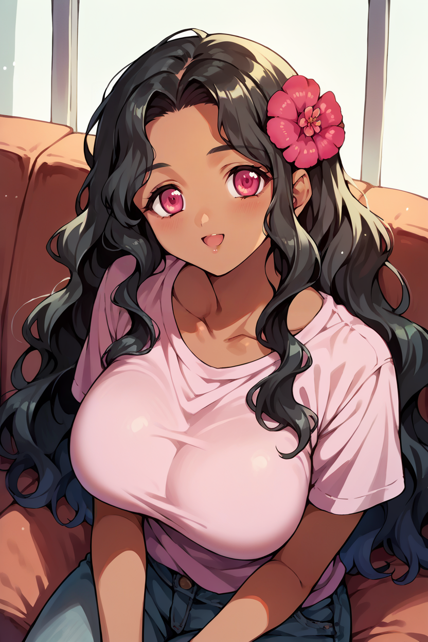 score_9, score_8_up, score_7_up, score_6_up, source_anime, 1girl, solo  <lora:yamiqll-pdxl-nvwls-v1-000006:1> yamiqll, wavy hair, black hair, dark skin, hair flower, pink t-shirt, miniskirt, sitting, couch, large breasts, from above, looking at you, happy, upper body