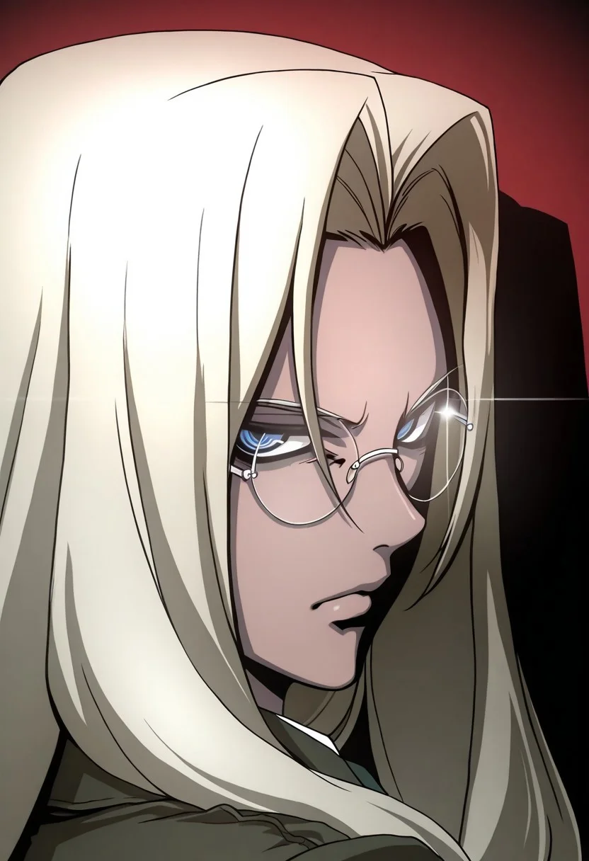 Hellsing_style, masterpiece, best quality, 1girl, solo, Integra Hellsing, glasses, detailed eyes, blue eyes, glint, serious, looking back, narrow eyes, shadow, from side,
