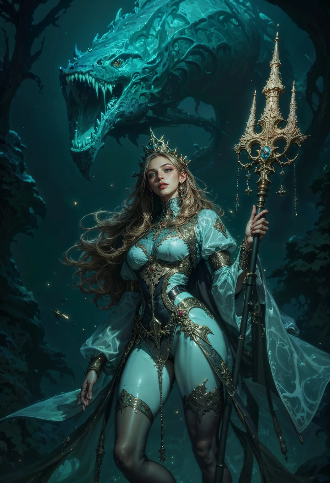 A witch of the deep sea, her translucent, jellyfish-like gown glowing faintly in the dark abyss. Her hair flows like tendrils of ink, blending into the swirling currents around her. Tiny glowing creatures swim in her wake, and her eyes shine like twin lighthouses in the inky blackness. She holds a trident covered in coral and bioluminescent barnacles, the weapon crackling faintly with electrical energy. Behind her, the faint outline of a massive leviathan looms, watching silently.