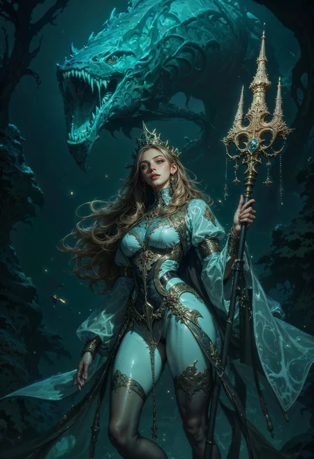 A witch of the deep sea, her translucent, jellyfish-like gown glowing faintly in the dark abyss. Her hair flows like tendrils of ink, blending into the swirling currents around her. Tiny glowing creatures swim in her wake, and her eyes shine like twin lighthouses in the inky blackness. She holds a trident covered in coral and bioluminescent barnacles, the weapon crackling faintly with electrical energy. Behind her, the faint outline of a massive leviathan looms, watching silently.