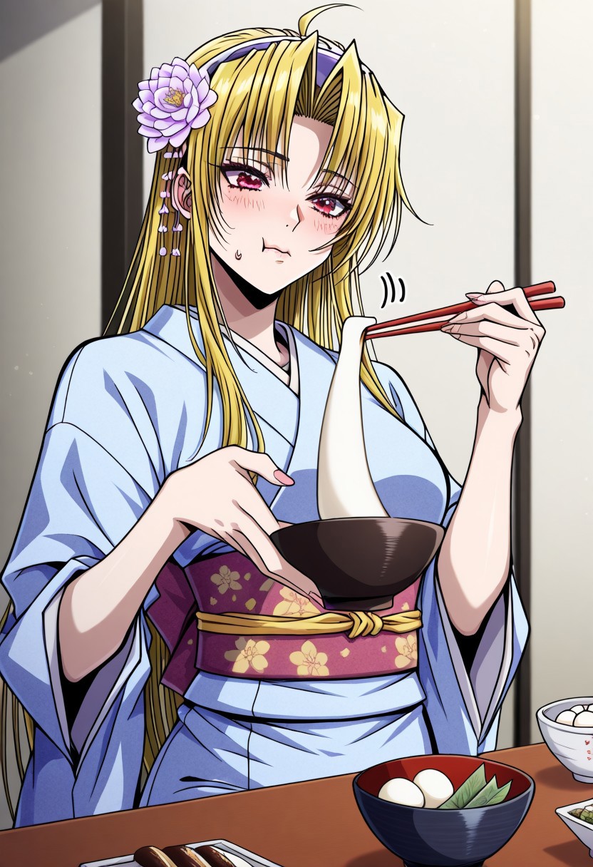 masterpiece, best quality, newest, highres, uncensored, 1girl, yokota mamoru style,motion lines,slender face,
Tifana Luxembur,Ahoge Hair, Blonde Hair, Curtained Hair, Parted in Middle, Sidehair, Straight Hair, Waist Length Hair,Red Eyes,Slim
kimono, food, chopsticks, mochi, sweatdrop, eating, flower, blush, bowl, new year, wagashi, hair flower, sash, obi