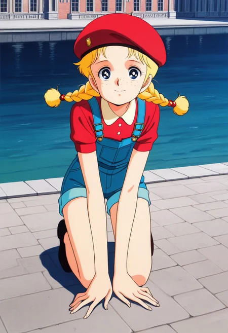 1girl, solo, blue eyes, blonde hair, short hair, hair ornament, twin braids, red beret, freckles, slim, young, thin, high resolution, more details, 8k quality, score_9, score_8_up, score_7_up, masterpiece, best quality, official art, official style, very aesthetic, absurdres, source_anime, perfect anatomy, 1980s (style), hanging eyes, perfect proportions, anatomically correct, perfect hands, perfect fingers, high resolution, more details, 8k quality, best quality, full body, score_9, score_8_up, score_7_up, source_anime, (extremely detailed:1), (masterpiece, best quality, very aesthetic, ultra detailed), intricate details, beautiful background, ultra-detailed, perfect anatomy, perfect face, perfect hands, perfect fingers, perfect eyes, blue overalls, close-up, upper body, shorts, smile, short sleeves, red shirt, full body, dynamic pose, Vintage European city as background, river as background, looking at viewer,