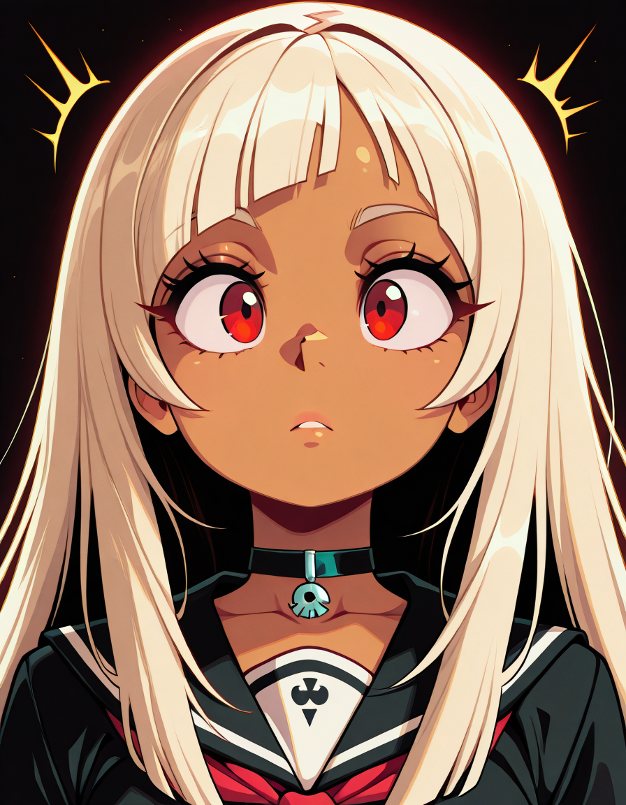 aijalon, 1girl, red eyes,  very long  platinum blonde side bangs , choker , tanned skin , looking away from viewer  , japanese school uniform , black background, portrait, (expressive energetic ), short cartoony simplistic art style ,  (vivid high contrast colors),
<lora:Aijalon_Anitoon_v2-000007:1>masterpiece, best quality, very aesthetic, absurdres