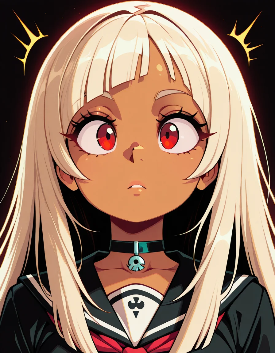 aijalon, 1girl, red eyes, very long platinum blonde side bangs , choker , tanned skin , looking away from viewer , japanese school uniform , black background, portrait, (expressive energetic ), short cartoony simplistic art style , (vivid high contrast colors),
<lora:Aijalon_Anitoon_v2-000007:1>masterpiece, best quality, very aesthetic, absurdres