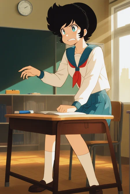 <lora:Benten_(1981):0.8> benten, blue eyes, black hair, short hair, hairband, retro artstyle, 1980s (style), 
grimace, upper body, looking at nothing, (1girl:2, solo:2), 
masterpiece, best quality, very aesthetic, absurdres, amazing quality masterpiece, hyper-detailed, (8k uhd::1.4), intense atmosphere, detailed clothing, dramatic lighting, (perfect hands), detailed face, 
 <lora:JCF_illustrious_V1.0:1> jcf, school uniform, shirt, skirt, socks, shoes, chain, <lora:Better Anime Backgrounds - [Background] - Pony Version 1:0.5> board eraser, book, bookshelf, building, chair, chalkboard, city, classroom, clock, day, desk, indoors, light rays, no humans, notebook, scenery, school, school desk, shadow, sliding doors, sunlight, television, window
