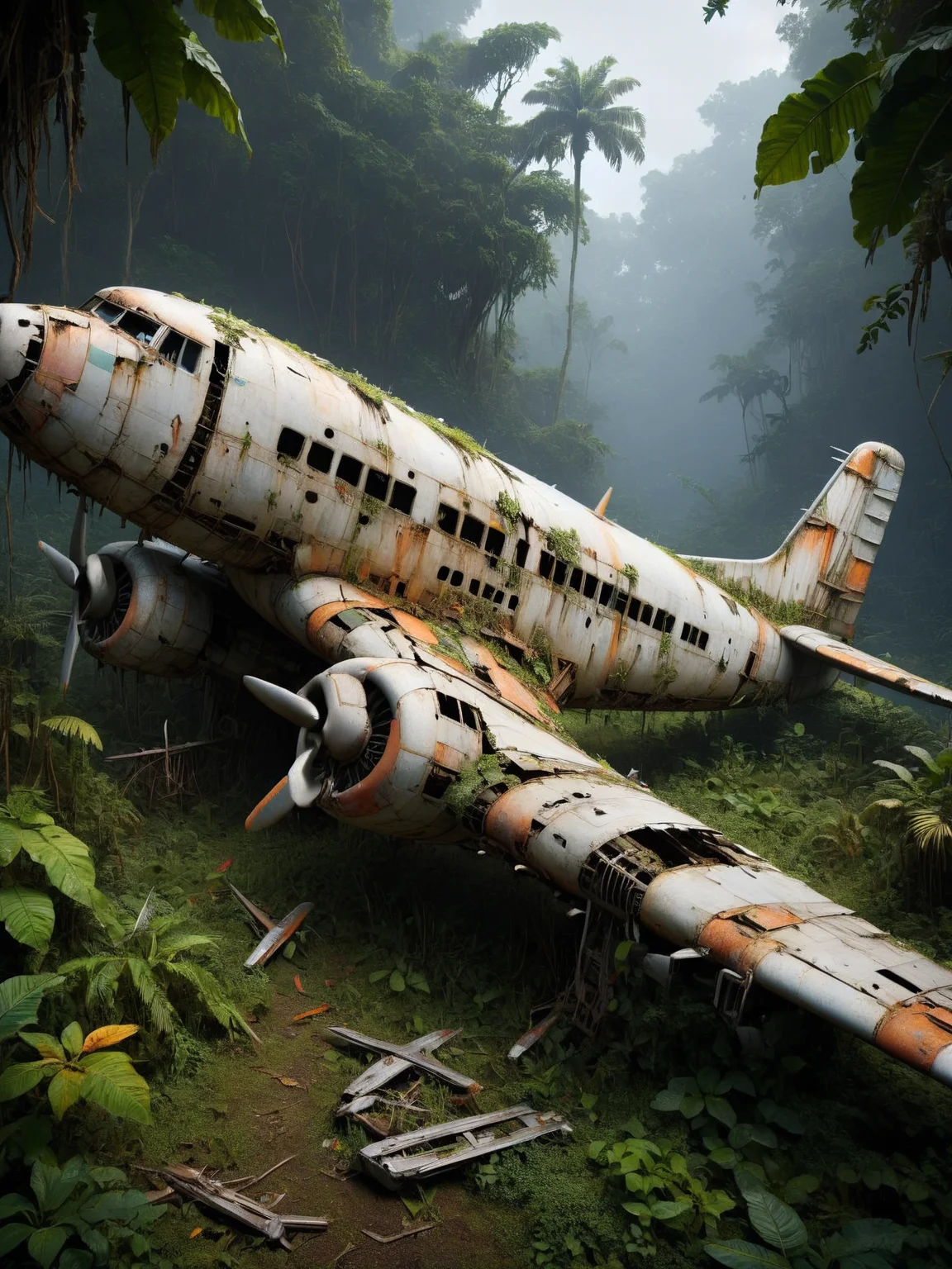 ais-olde airplane left in a jungle clearing <lora:Olde_Style_SDXL:1>