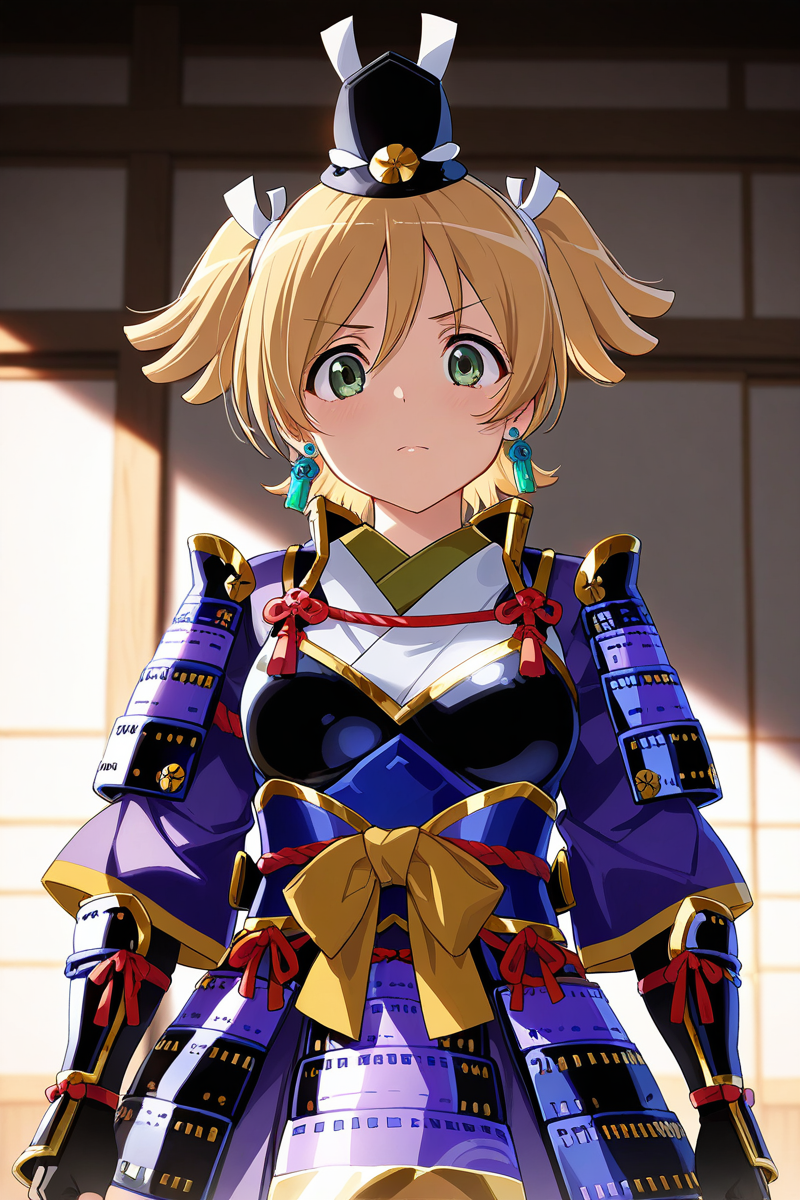 masterpiece, best quality, amazing quality,
 <lora:Nana_IL:1> nana, 1girl, green eyes, blonde hair, solo, fingerless gloves, gloves, japanese armor, armor, looking at viewer, earrings, hat, twintails, black gloves