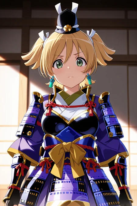 masterpiece, best quality, amazing quality,
 <lora:Nana_IL:1> nana, 1girl, green eyes, blonde hair, solo, fingerless gloves, gloves, japanese armor, armor, looking at viewer, earrings, hat, twintails, black gloves