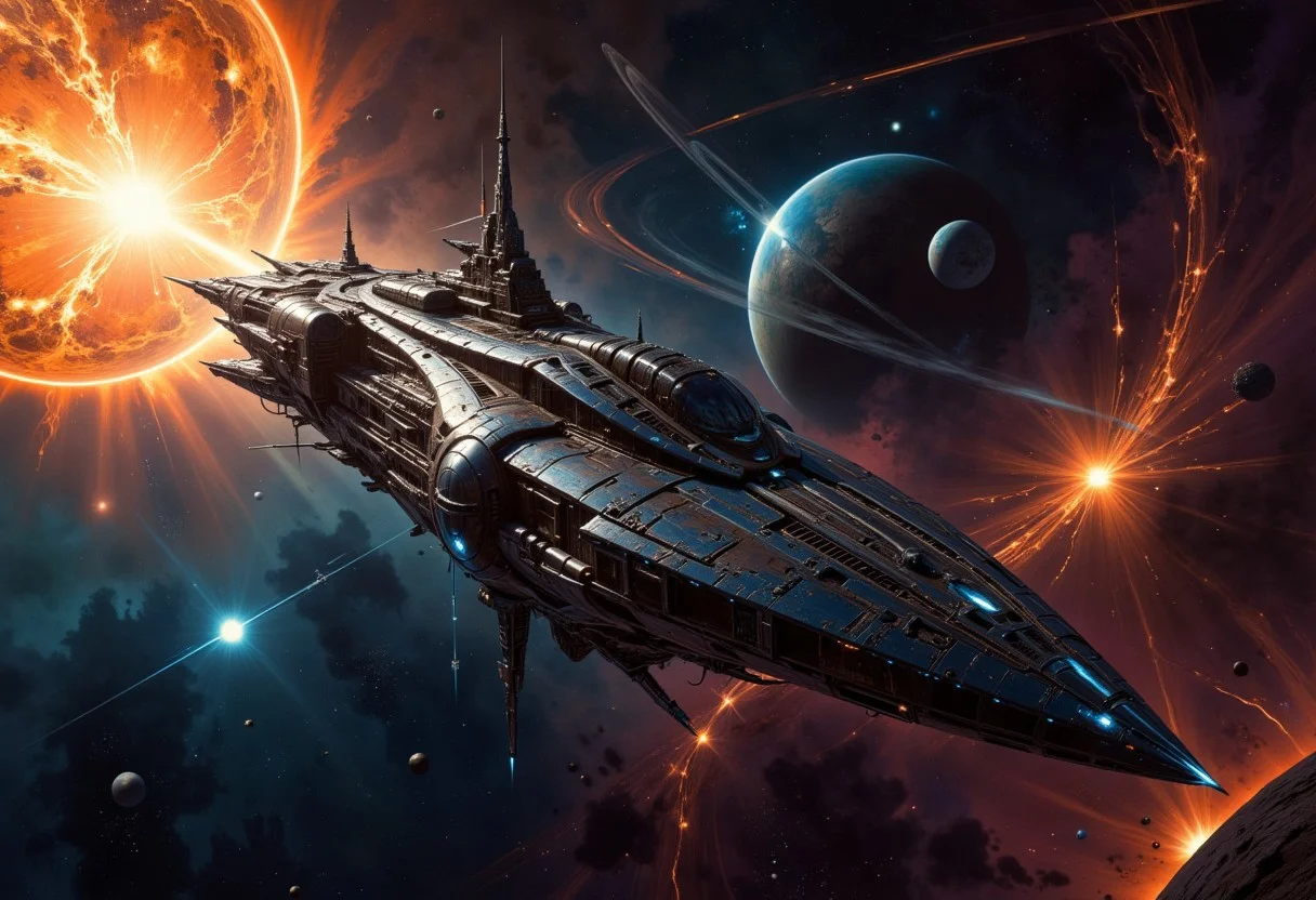 "The Macragge's Honour, an awe-inspiring Gloriana-class battleship of the Ultramarines, majestically drifts through the void, illuminated by the glow of a colossal nearby sun. The sleek, angular design of the massive warship contrasts against the swirling colors of an expansive nebula, casting reflections along its shining metallic hull. In the background, stars twinkle across the infinite darkness, while the faint arcs of planetary rings shimmer in the distance. The ship cuts through space with a commanding presence, its immense cannons and Gothic architecture dwarfing the cosmic scenery around it. The composition is dynamic and cinematic, with HDR lighting that intensifies the vibrant colors of space, the dramatic flares of the nearby sun, and the haunting beauty of the void. best quality,masterpiece,high resolution,award-winning,