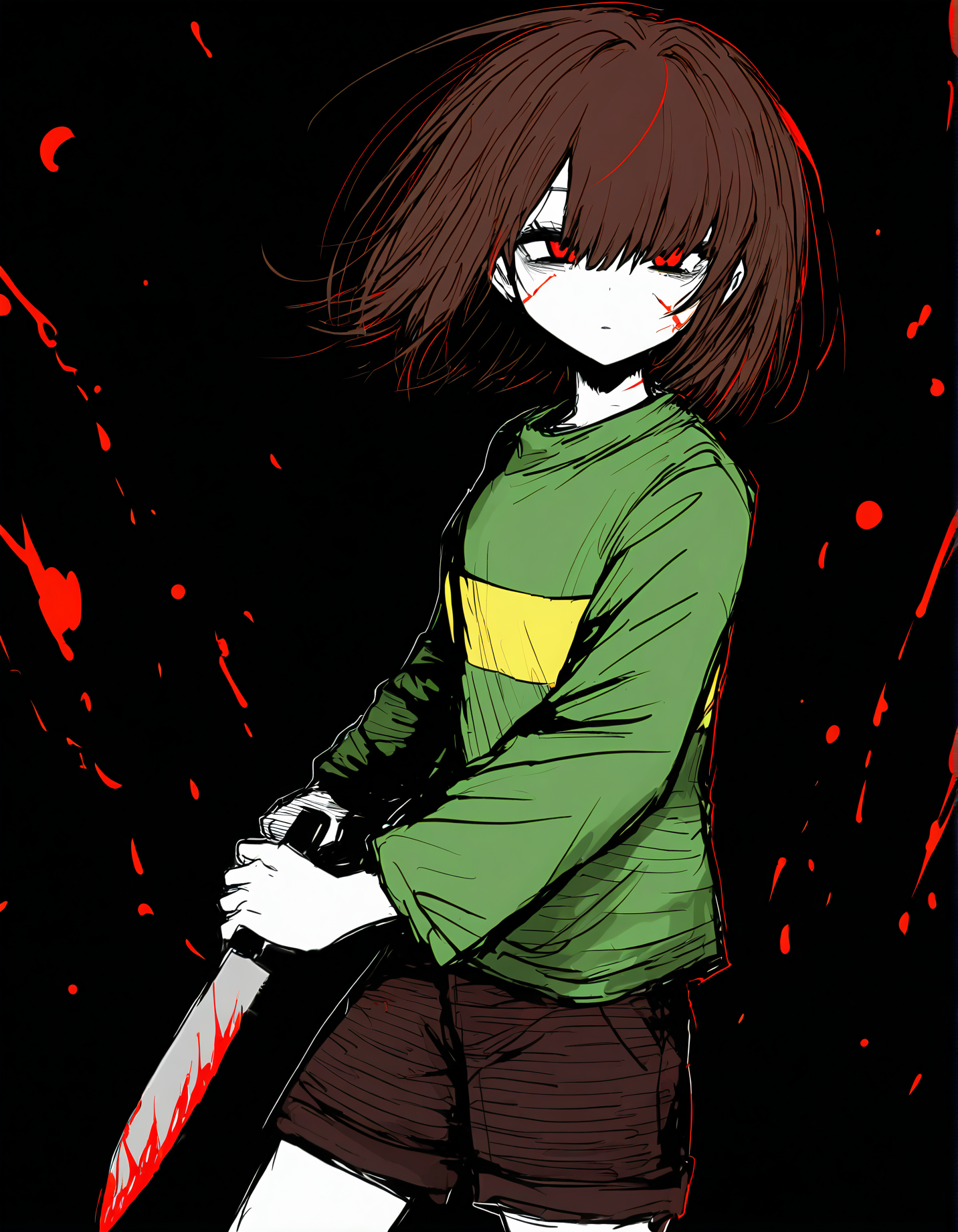 sushi yuusha toro, 1girl, solo, chara \(undertale\), holding knife, blood on knife,
very awa, masterpiece, best quality, year 2024, newest, highres, absurdres, <lora:black-souls-style-noobai-vpred10-timestep2:1>