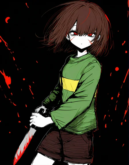 sushi yuusha toro, 1girl, solo, chara \(undertale\), holding knife, blood on knife,
very awa, masterpiece, best quality, year 2024, newest, highres, absurdres, <lora:black-souls-style-noobai-vpred10-timestep2:1>