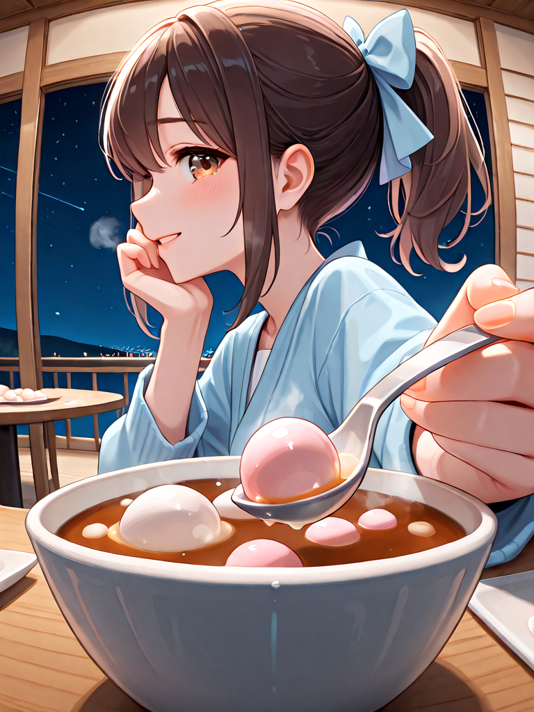 absurdres, explicit, tangyuan feeding, incoming food, blurry foreground, fisheye, pov, 1girl, shy, smile, holding spoon, hand up, sitting, soup, table, steam, steaming food, close-up, foreshortening, reaching towards viewer, ponytail, brown hair, hair bow, parted lips, milf, night, evening, ((hand on own face)), ((profile, from side)), <lora:girlliketangyuanfeeding_ilxl:0.8>