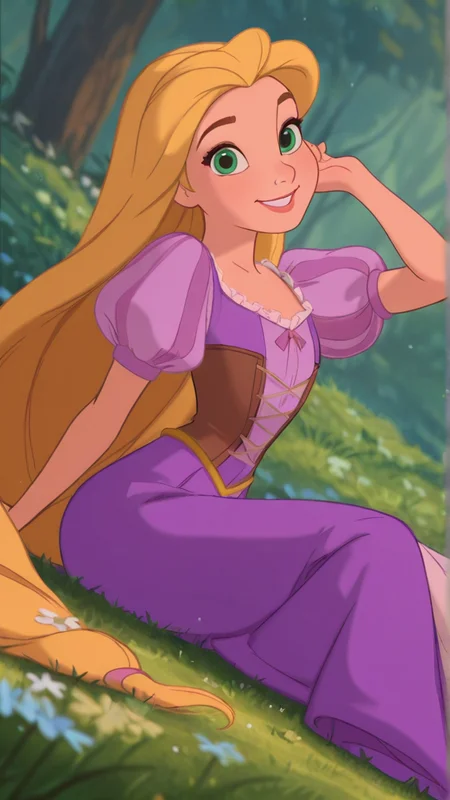 disney animation,
best quality, amazing quality, detailed, absurdres, cinematic, 1girl, (rapunzel \(disney\):1.1), purple dress, very long hair, green eyes, blonde hair, puffy sleeves, short sleeves, corset, flat chest, narrow waist, wide hips, smile, happy, dutch angle, cute pose, looking at viewer, nature, grass, flowers around, dynamic pose, cowboy shot, sitting on floor, one hand on hair,, from side,
<lora:Disney_Animation_v5-V7:1>âââ