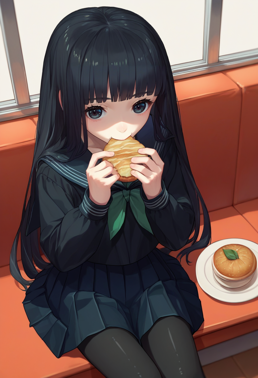 score_9, score_8_up, score_7_up, source_anime,  <lora:RinneCAME-000009:1> Rinne,  long hair, black hair, black eyes, black serafuku, green necktie, black pantyhose, pov, cafe, sitting, eating,