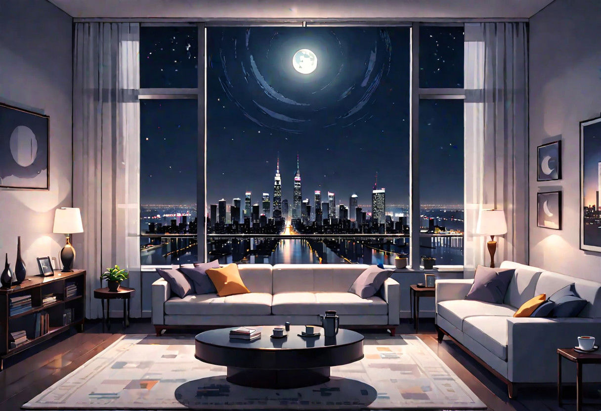 ((front view)), Shallow scene, (((animation style))), (night), modern-style interior, with white walls, (large windows), a  study, Sofa, coffee table, bookcase, single wall, ((dark room)), strong shadow, quiet and mysterious night sky, starry sky, moonlight, city night view, (City high-rise building scenery), (City scenery outside the window)