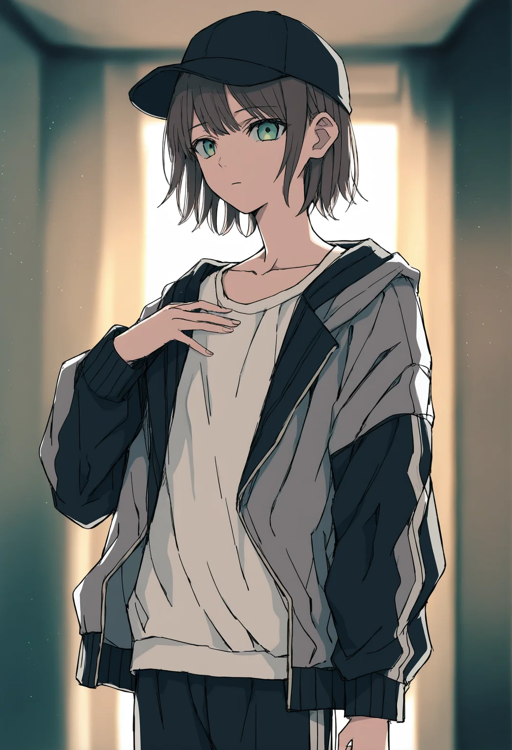 1boy, male focus, original,
baseball cap, black jacket, black pants, blurry, blurry background, brown hair, closed mouth, cowboy shot, expressionless, grey jacket, hat, jacket, light particles, long sleeves, multicolored jacket, open clothes, open jacket, pants, shirt, short hair, solo, two-tone jacket, white shirt
masterpiece, depth of field, standing, black headwear, collarbone, indoors, multicolored clothes, green eyes, backlighting, hand on own chest, looking at viewer, track pants, otoko no ko,
.
best quality, very aesthetic, absurdres
<lora:hakuhiruoeoefornoob:0.95>